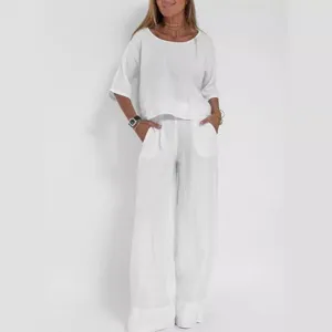 Damen Sommer Lässige Lose Einfarbige Kurzarm Baumwolle Leinen Hose Zweiteiliges Outfit