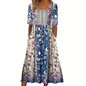 Women summer boho floral print maxi dress, casual short sleeve scoop neck long dresses.