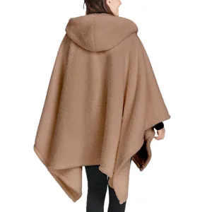 Women hooded fleece cape winter warm cozy poncho stylish casual outerwear solid camel shawl coat