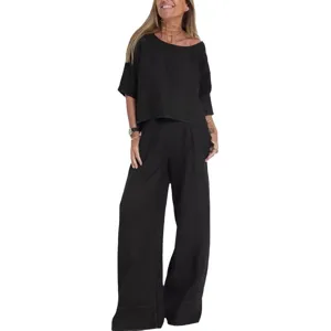 Damen Freizeit lose einfarbige kurze Ärmel Baumwolle Leinen Hose Set Sommer Mode Outfit