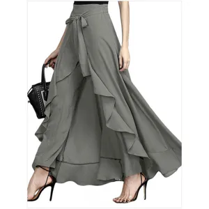 Women high waist wide leg chiffon pants casual tie belt loose trousers elegant solid color bottom