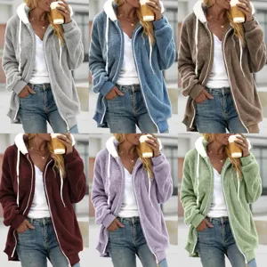 Sweat-shirt Cardigan à Capuche en Polaire Chaud pour Femme Hiver Décontracté Manches Longues Couleur Unie Ample