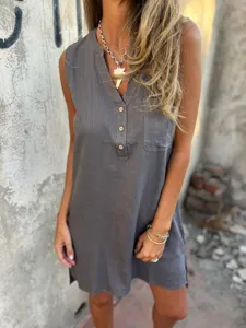 Summer casual loose sleeveless linen dress for women, stylish V-neck button-down tunic top.