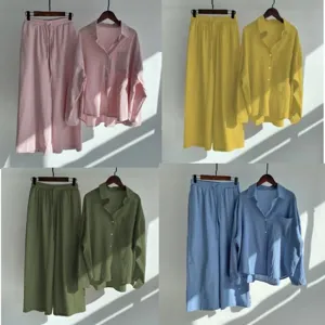 Women Casual Cotton Linen Shirt And Loose Long Pants Two Piece Set Vintage Solid Color Long Sleeve Outfit