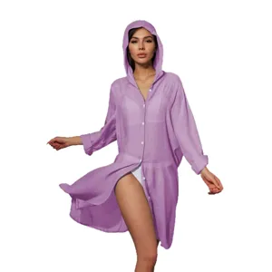 Women long sleeve hooded beach cover-up shirt casual vacation swimwear sun protection top