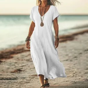 Details of the casual cotton linen V-neck short sleeve maxi dress in a scenic beach setting.