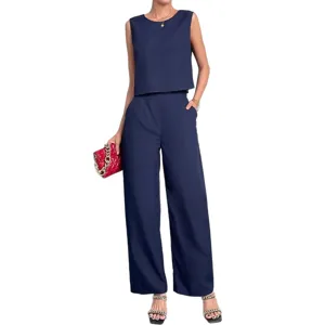 Femme ensemble haut sans manches bleu marine et pantalon large été vue principale corps entier