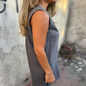 Women summer casual loose sleeveless linen dress solid color breathable daily wear style