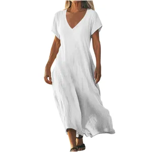 Close-up detail of the white V-neck short sleeve loose casual linen maxi dress texture.