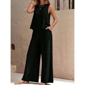 Ensemble deux pieces uni pour femme haut sans manches a col rond et pantalon large