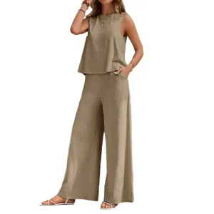 Ensemble deux pièces pour femme haut sans manches col rond et pantalon large uni image.
