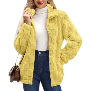 Women cozy yellow fuzzy zip-up teddy jacket winter casual stand collar plaid outerwear