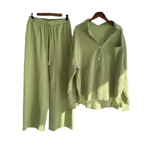 Women Two Piece Cotton Linen Set Long Sleeve Shirt High Waist Wide Leg Pants Casual Summer