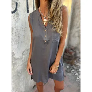 Women casual sleeveless cotton linen dress summer loose V-neck button mini tunic outfit
