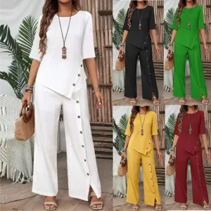 Donna Casual Tinta Unita Largo Mezza Manica Camicetta E Pantaloni Larghi Set Elegante Bottoncino Patchwork Top E Inferiore