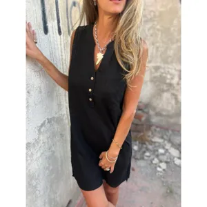 Summer casual sleeveless linen dress for women, loose button-down V-neck mini dress.