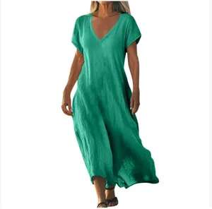 Casual green cotton linen v-neck short sleeve maxi dress detail view for women summer.