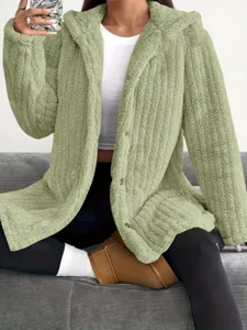 Casual green fleece hooded cardigan with button closure for women autumn winter daily wear.
