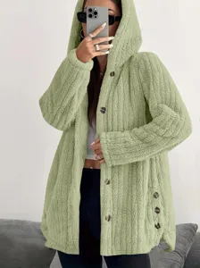Casual fleece hooded cardigan with buttons, cozy long sleeve green outerwear detail view.