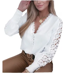 Donna manica lunga scollo a V pizzo patchwork camicetta bianca elegante moda casual top