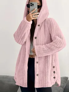 Women hooded fleece cardigan coat casual long sleeve button up winter outerwear jacket