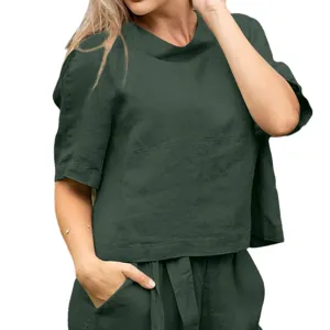 Summer casual two-piece linen set for women, short sleeve top and matching pants, chic style.