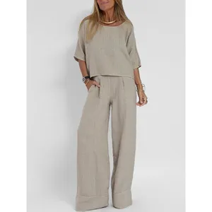 Damen Casual Baumwolle Leinen Einfarbig Kurzarm Top Und Weites Bein Hose Oben Und Unten Sommer Pendler Outfit