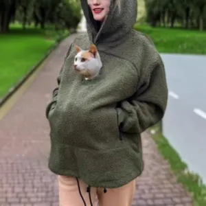 Green sherpa fleece hoodie with pet pouch, cozy casual winter sweatshirt for women.