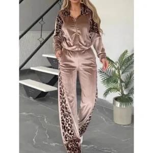 Women velvet leopard tracksuit long sleeve zip jacket pants loungewear set autumn chic