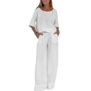 Damen Leinen zweiteiler Set Freizeit Kurzarm Top und weite Beinhose Sommer Strand Outfit