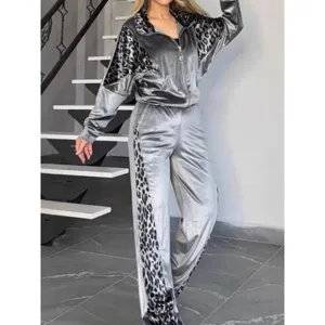 Women velour tracksuit long sleeve zip jacket leopard patchwork casual two piece pants set