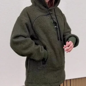 Olive green sherpa fleece hoodie for women, casual loose hooded sweatshirt with zip pockets.