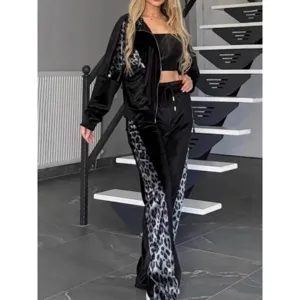 Women velour tracksuit set black long sleeve zip jacket leopard print pants casual loungewear