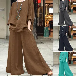 Women Casual Cotton Linen Long Sleeve Top And Bottom Set Loose Solid Color Casual Daily Outfits