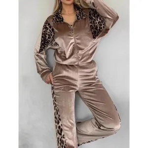 Women Velvet Leopard Patchwork Tracksuit Long Sleeve Zip Hoodie Pants Loungewear Set