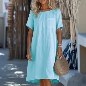 Casual women's short sleeve linen blend midi dress with pocket solid color summer resort wear