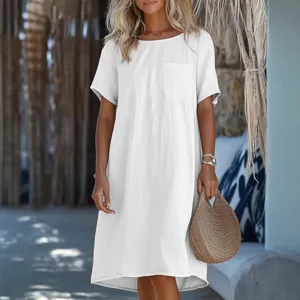 2025 new casual linen cotton round neck short sleeve midi dress for women summer daily wear