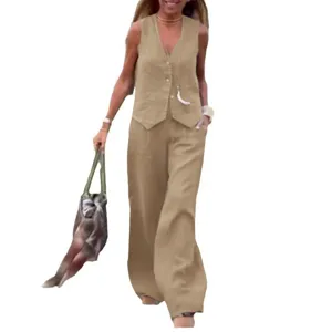 Femmes ensemble deux pieces decontracte unie elegante gilet et pantalon large mode.