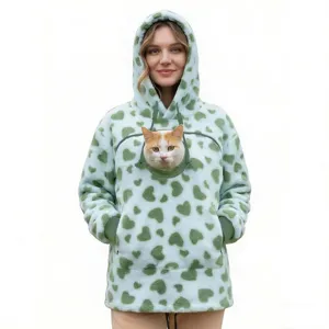 Detailed view of the cozy fleece pet hoodie featuring a convenient front kangaroo pouch for cats.