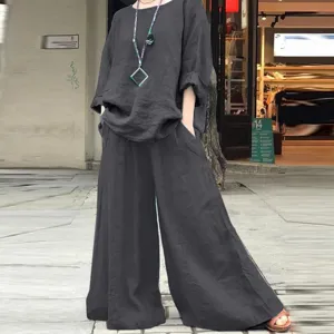 Women casual loose solid color linen long sleeve top and wide leg pants set dark grey