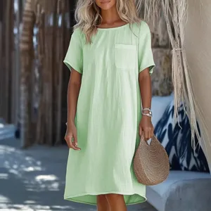 Casual mint green linen cotton round neck short sleeve midi dress with functional pocket.