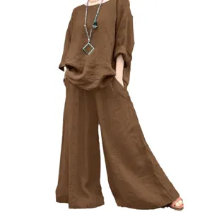 Women solid linen cotton long sleeve shirt wide leg pants two piece set casual outfit