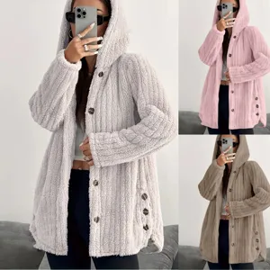 Women's Casual Fleece Hooded Cardigan Coat Long Sleeve Single Breasted Loose Outerwear Winter Warm Solid Color Jacket