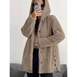 Women winter solid color fleece hooded cardigan long sleeve casual button jacket with pockets.