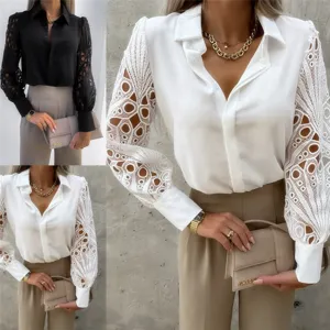 Women's Long Sleeve Lace Spliced Blouse Casual Turn-Down Collar Single-Breasted Shirt Urban Commute Top