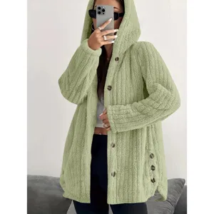 Women solid color hooded fleece cardigan long sleeve casual button down outerwear