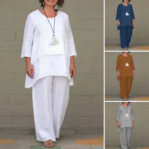 Women Casual Linen Blend Long Sleeve Irregular Hem Top And Wide Leg Pants Set Chic Commuter Outfit