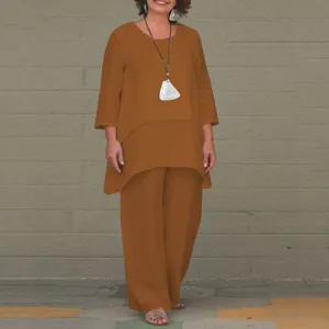 Women linen style two piece set long sleeve irregular top wide leg pants casual outfit