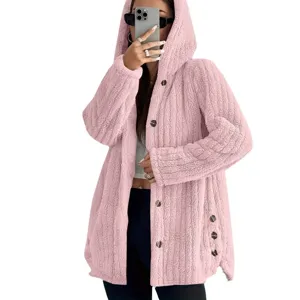 Women solid color hooded fuzzy cardigan long sleeve button casual winter fleece jacket outerwear