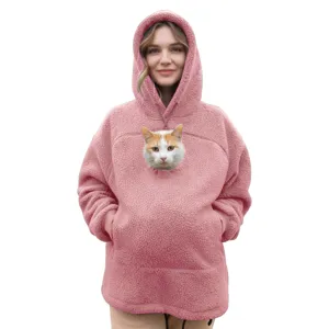 Pink sherpa fleece hooded sweatshirt for women, loose casual warm winter hoodie with cat graphic.